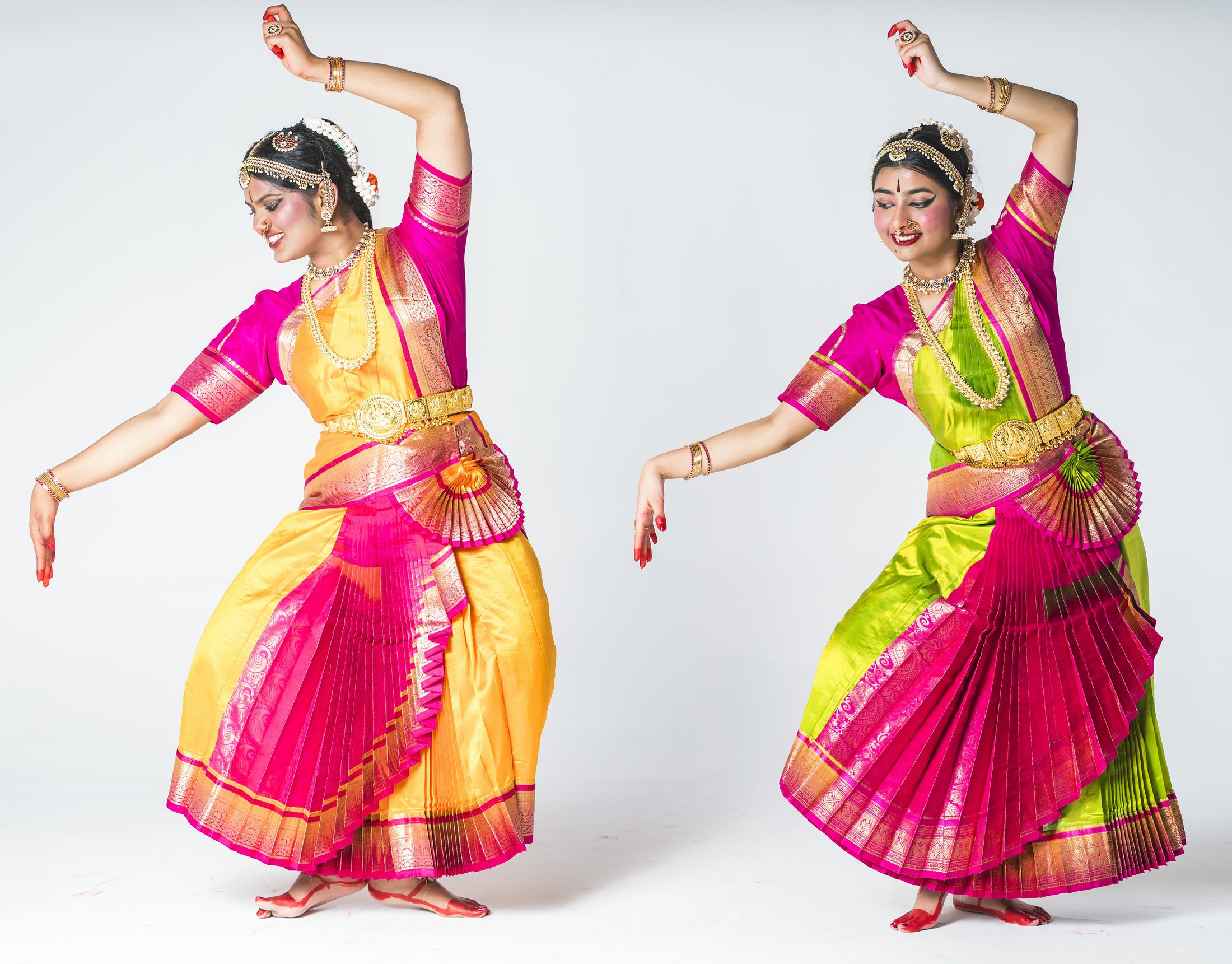 Aadhya and Thanvi in yellow and green costumes